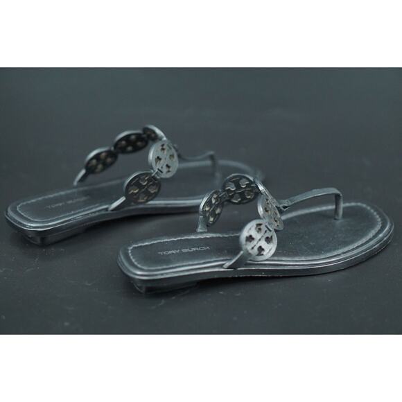 Tory Burch Miller Tiny Black Leather Thong Sandals SZ 7.5 $235 Logo Flip Flop - Picture 7 of 9